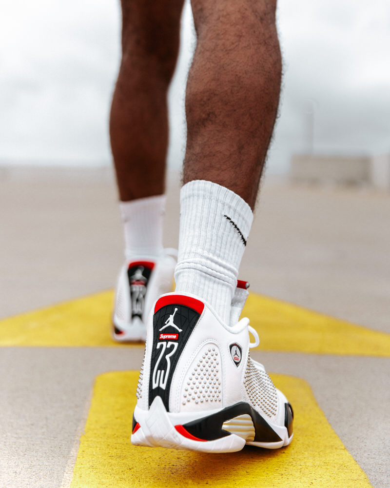 jordan 14 candy cane on feet