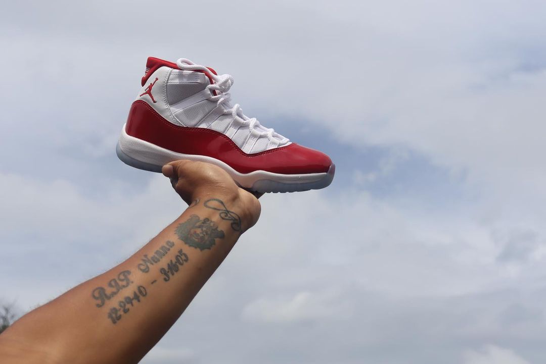 Jordan 11 low cherry on 2025 feet