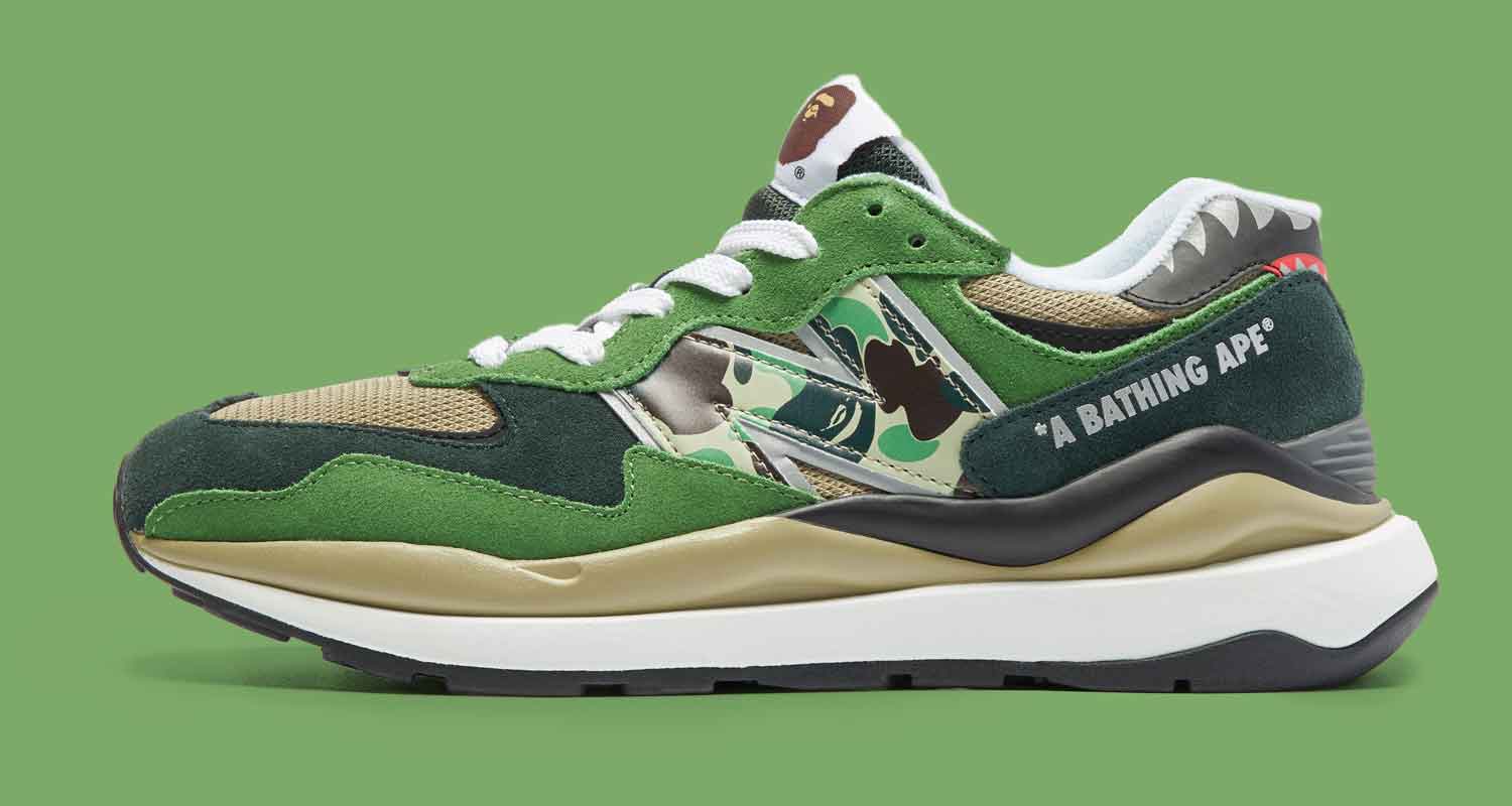 The BAPE x New Balance 57/40 in Signature Green ABC Camo Is an Online Exclusive