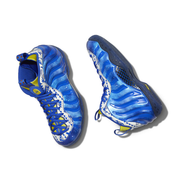 The Air Foamposite One Doernbecher 2023 was designed by Coley Miller and features a blue and yellow colorway inspired by her Klamath Tribe heritage, as well as a basket weave pattern on the upper.