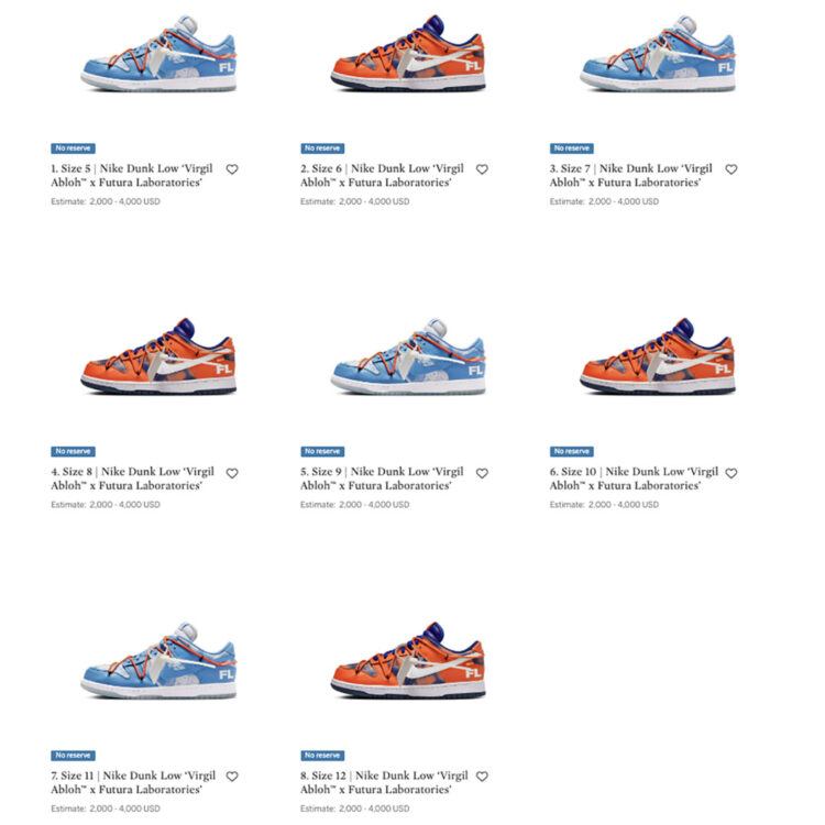 Sothebys Auctioning 8 Pairs Futura Laboratories Virgil Abloh Nike Dunk Low release date 003 750x750