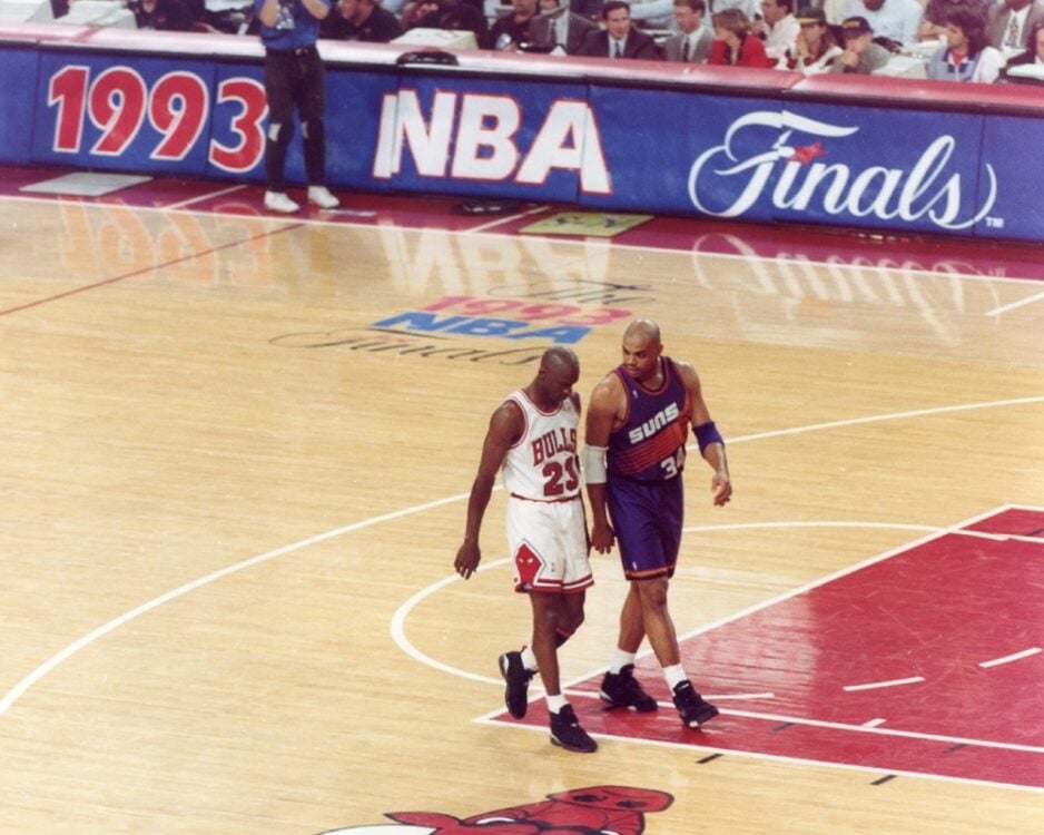 Michael Jordan wearing the Air Jordan 8 Playoffs in the 1993 NBA Finals