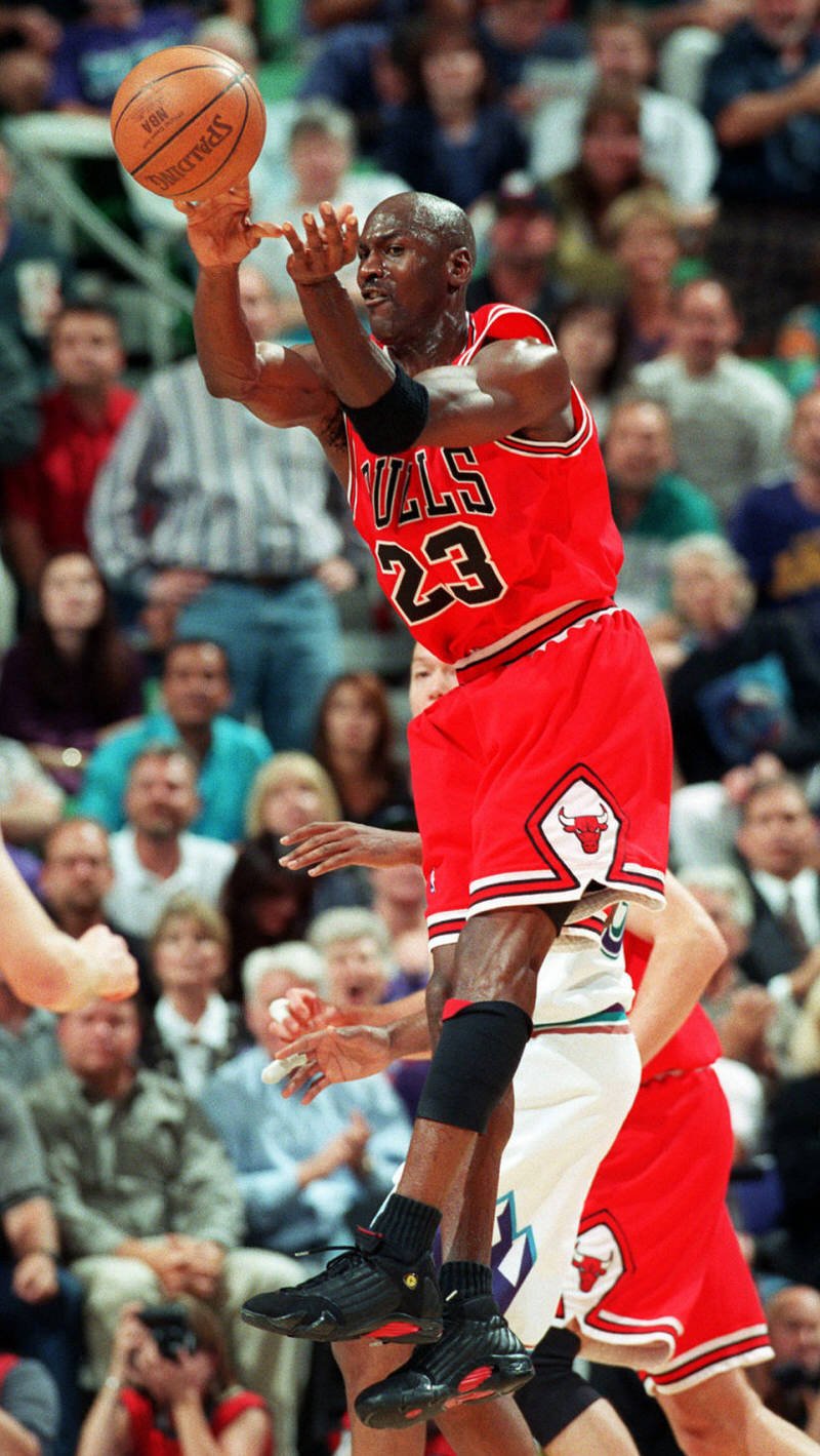 Michael Jordan wearing the Air Jordan 14 "Last Shot" in Game 6 of the 1998 NBA Finals
