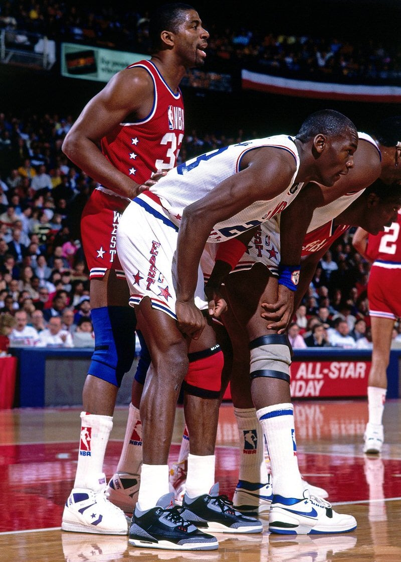 Michael Jordan wearing the Air Jordan 3 Black/Cement in 1988 NBA All Star Game