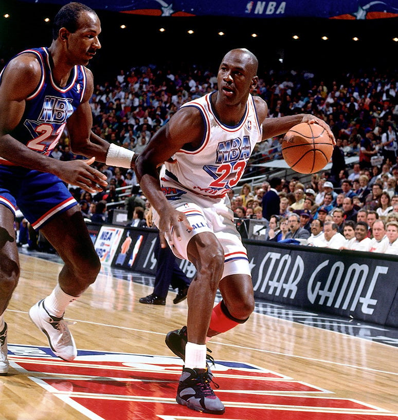 Michael Jordan wearing the Air Jordan 7 "Bordeaux" in the 1992 NBA All-Star Game