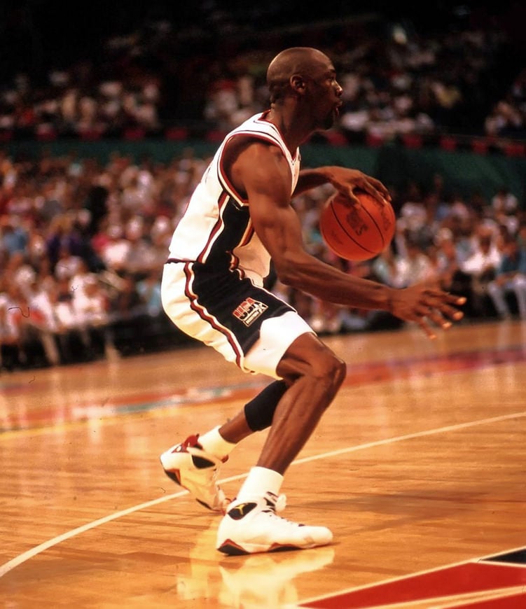 Michael Jordan wearing the Air Jordan 7 "Olympics" in the 1992 Olympic Games in Barcelona, Spain