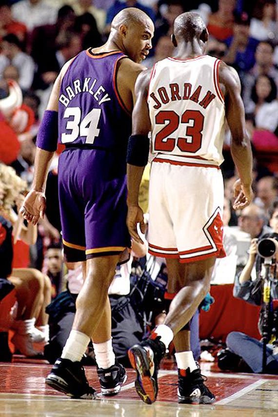Michael Jordan wearing the Air Jordan 8 "Playoffs" in the 1993 NBA Finals