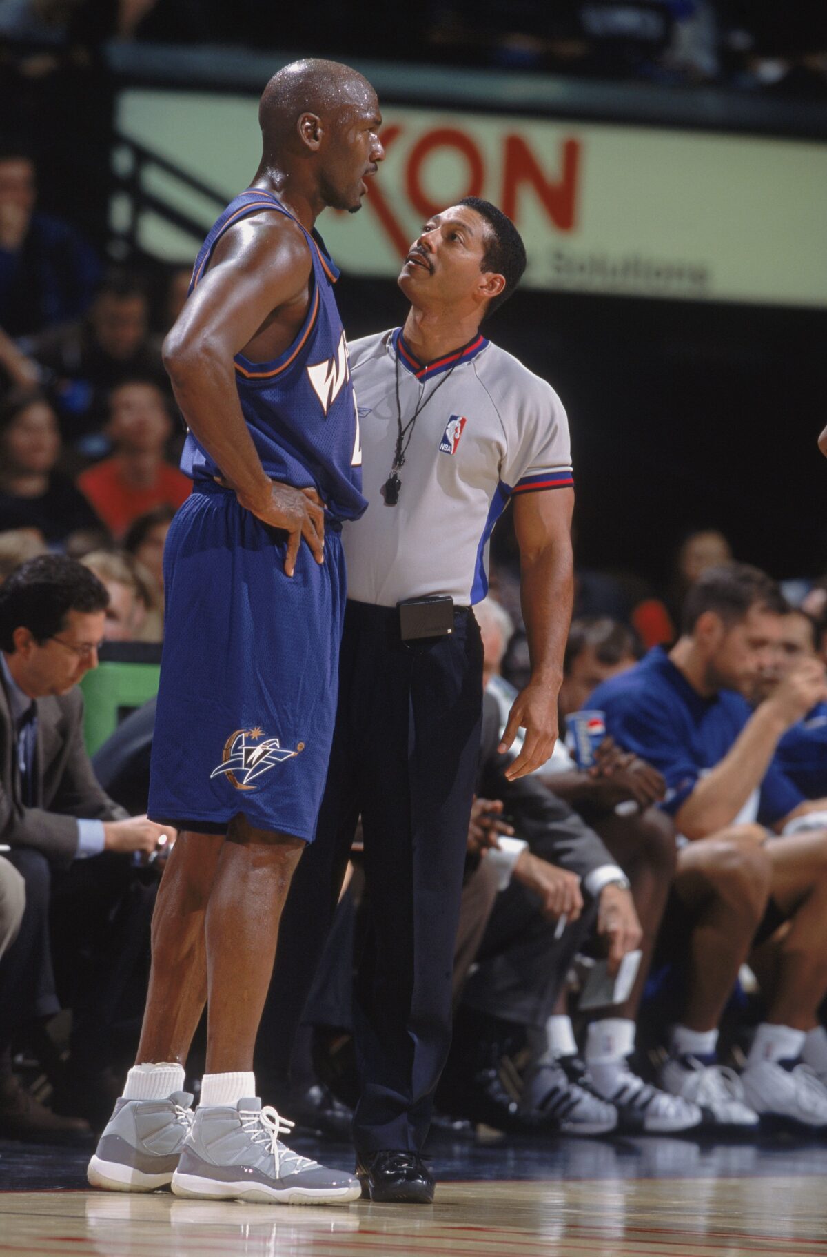 Michael Jordan wearing the Air Jordan 11 "Cool Grey" playing for the Washington Wizards