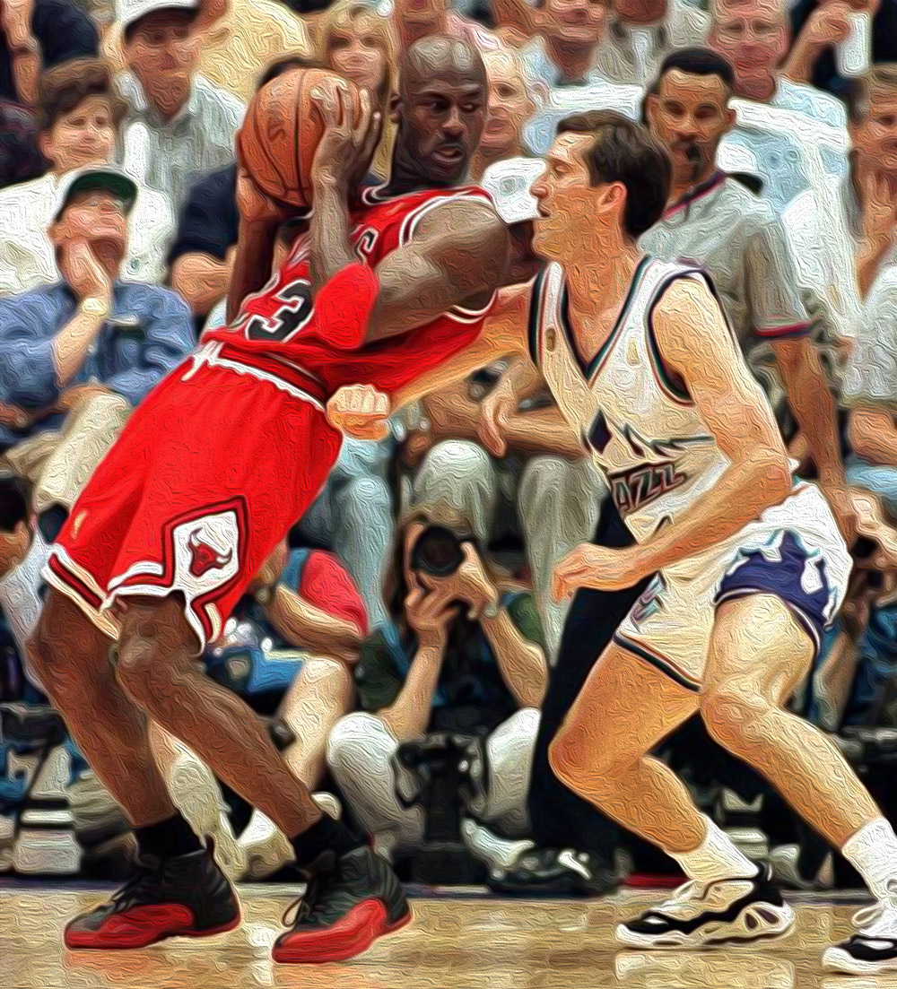 Michael Jordan wearing the Black/Varsity Red Air Jordan 12 aka "Flu Game"