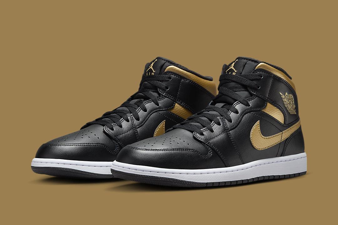 The Air Jordan 1 Mid Drops in a Regal “Black/Metallic Gold” Outfit