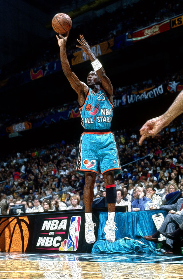 Michael Jordan wearing the Air Jordan 9 GS 'Medium Grey White-Imperial Purple-Cool Grey' "Columbia" in the 1996 NBA All-Star Game