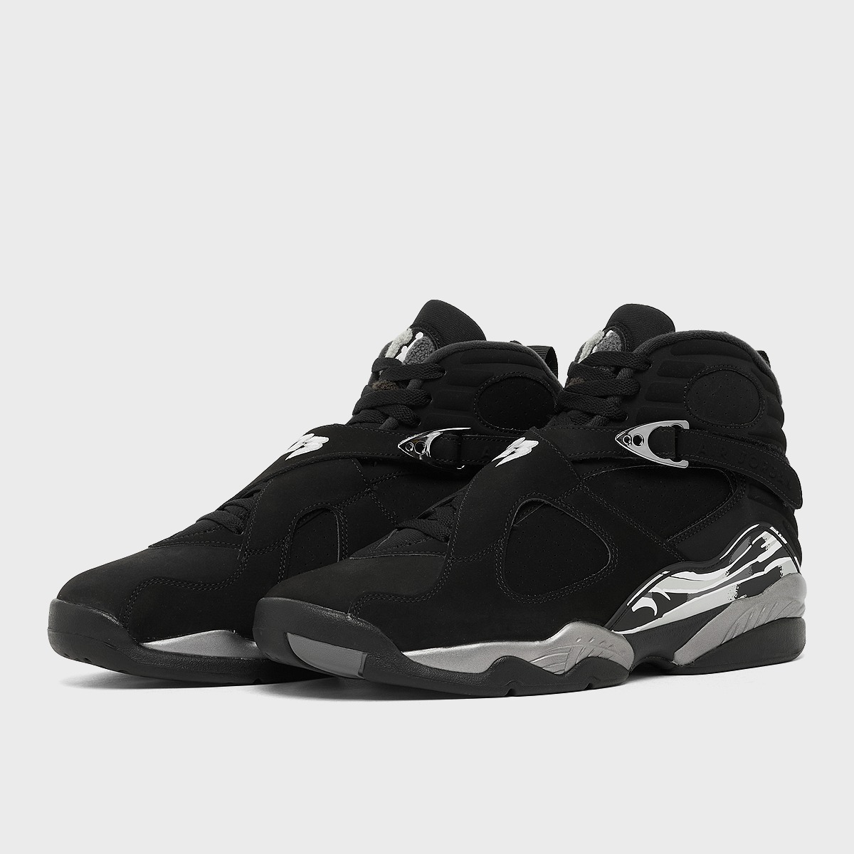 Air Jordan 8 Chrome featuring metallic silver upper with contrasting base colorway, 2026 retro release - detail view 1